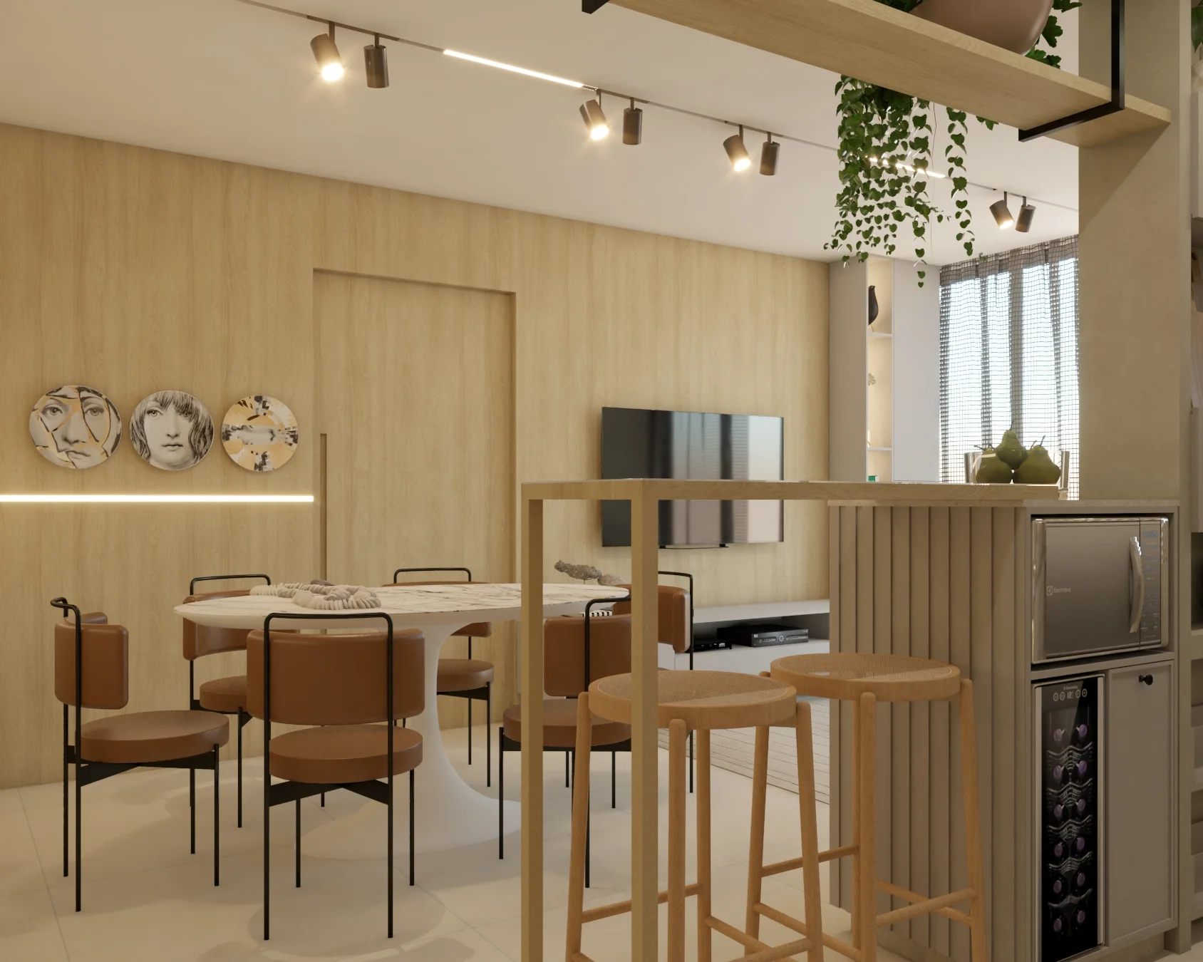 Sala de jantar integrada com marcenaria clara, iluminação e vegetação
