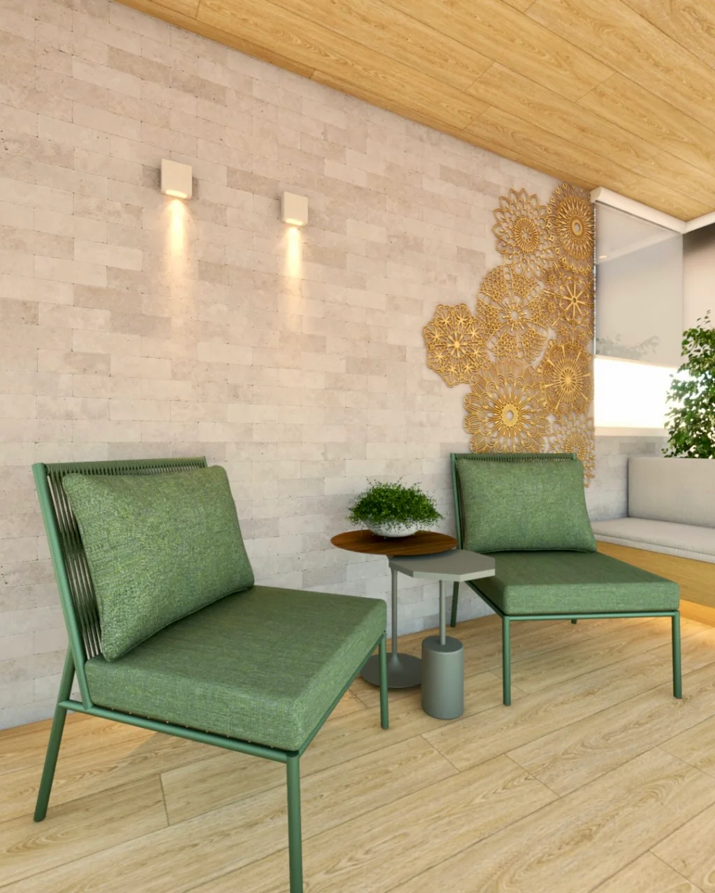 Estar com poltronas verdes, parede texturizada e composição dourada