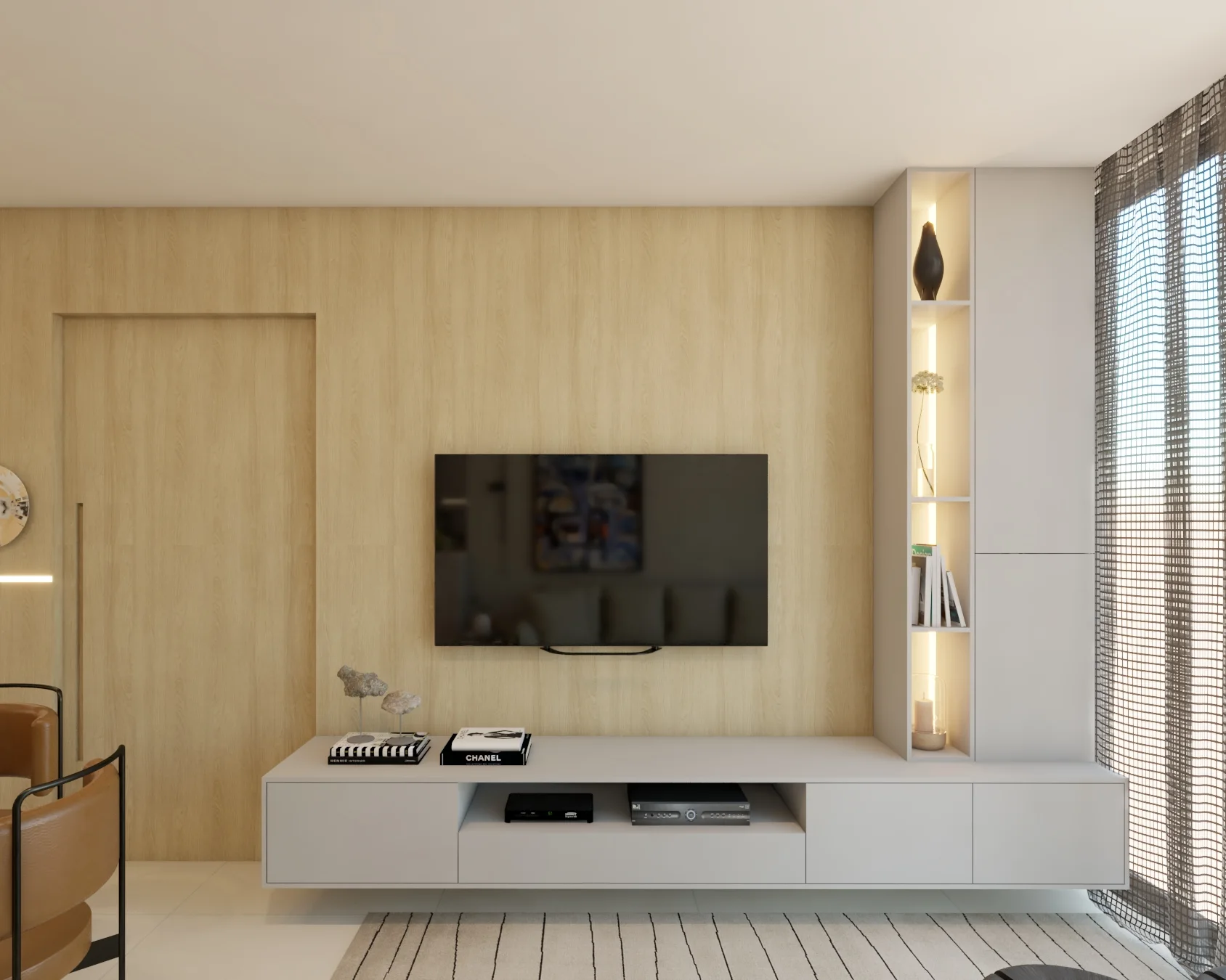 Painel de TV com marcenaria clara e composição linear