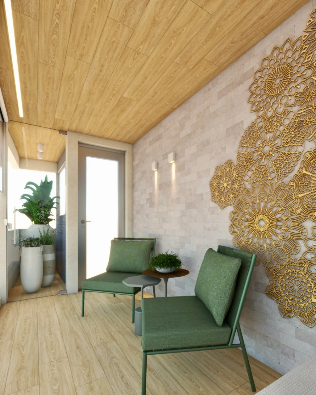 Estar com poltronas verdes, parede texturizada e elemento dourado