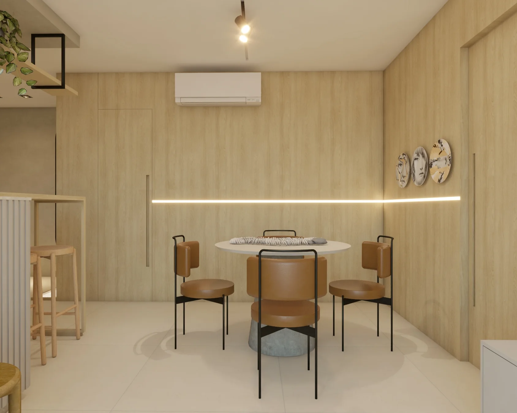 Sala de jantar com iluminação linear e marcenaria clara
